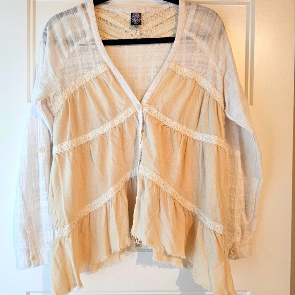 Free People Cream and White Asymmetrical Tiered Top Sz Small